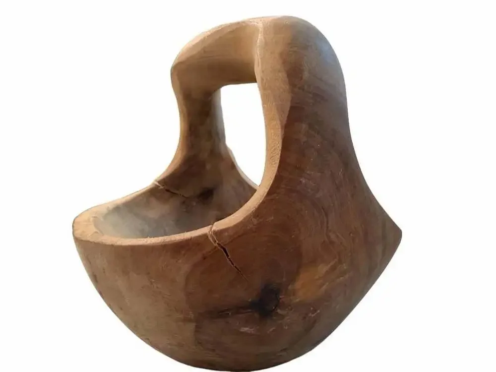 Hand Carved Teak Wood Basket with Handle